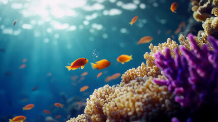 Wall Mural - Vibrant underwater scene with orange fish and coral reefs