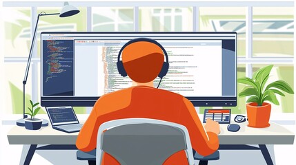 web developer with headphones on, sitting at a desk with a dual-monitor setup, writing code for a we