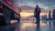 © พงษ์ศักดิ์ อ่อนพฤกษ์ - A man in work attire refueling a delivery truck at a gas station early in the morning, with foggy surroundings and the first light of day breaking through.