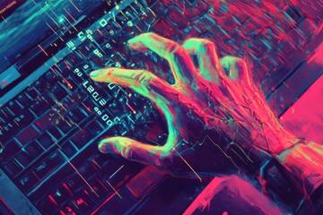 A man is typing on a computer keyboard with a colorful background