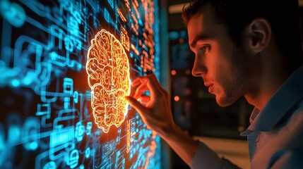Aufkleber - Individual Engaging with Digital Brain Visualization on Screen in Futuristic Office Environment, Representing Technology and Innovation Concept in Modern Workspace