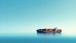 Cargo freight ship sailing with a stacked load of containers, set against a backdrop of a clear blue horizon.