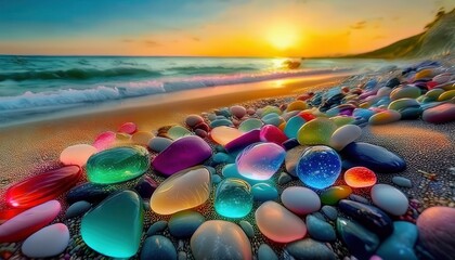 Poster - glowing colorful pebbles illuminated by sunset light on a beach with waves and golden reflections, ideal for design and decor themes