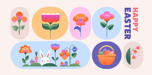 Wall Mural - happy easter, modern flat design with flowers, eggs and bunnies, pastel colors