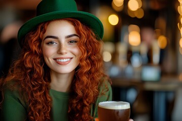 Young smiling woman in red red curly hair holding a pint, dressed in green to celebrate St. Patrick's Day. Copy space.