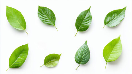 Wall Mural - A collection of various green leaves isolated on white background.