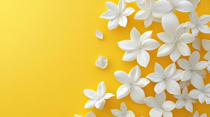 Wall Mural - Stunning 3D composition of white flowers on a bright yellow background, symbolizing renewal and growth in spring.