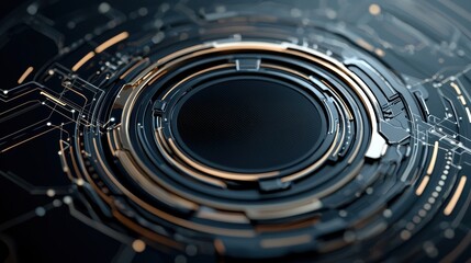 Fototapete - A futuristic, abstract close-up of a circular circuit design, featuring intricate patterns and glowing elements against a dark background.