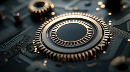 Fototapete - A close-up view of a metallic gear on a circuit board, showcasing intricate details and a modern technology aesthetic.