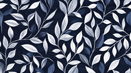 Seamless leaves pattern. Packaging template for natural cosmetic, beauty products, organic and healthy food. Beautiful leaves on dark blue background with frame for your text.