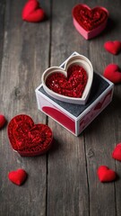 Canvas Print - Heart-shaped gift boxes with red decorations on wooden surface for a romantic occasion or special celebration