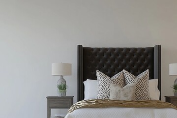 Wall Mural - A black and white bed with a white pillow and a white blanket. The bed is in a room with a white wall and a lamp on the nightstand