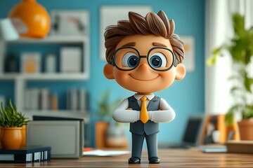 Wall Mural - Happy 3D Male Businessman Illustration at Desk