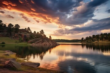 Wall Mural - Sylvan Lake Sunset: A Breathtaking Countryside Landscape with Mountains Reflected in the Calm Lake Amidst Green Forest and Clouds