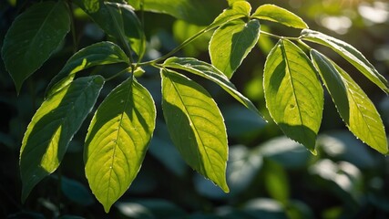 Wall Mural - sunlight filtering through lush green leaves in a serene garden during the late afternoon