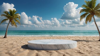 Wall Mural - beautiful beach setting with a circular marble platform under a blue sky featuring fluffy clouds and