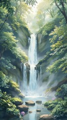 Wall Mural - Captivating watercolor artwork of a cascading waterfall amidst a lush forest, artwork, waterfall, greenery, tranquil