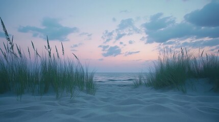 Wall Mural - a beach with grass and sand on the shore