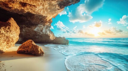 Wall Mural - a beach with a rock formation and a blue sky