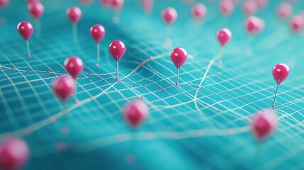 Abstract representation of data points with pink markers on a blue grid background demonstrating connectivity and analytical visualization in technology and science