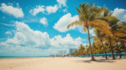 Wall Mural - a beach with palm trees and blue umbrellas