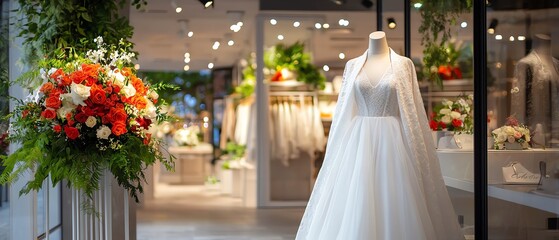 A beautiful bridal boutique showcasing an elegant wedding dress with floral arrangements, creating a romantic shopping atmosphere.