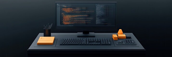 Dark desk, code on screen, workspace.  Productivity concept. Website banner