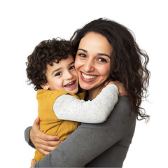 Portrait of a happy mother hugging and having fun with her son, family relationship, isolated on transparent background