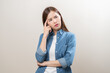 © KMPZZZ - Portrait of face expression stress, asian young woman, confused girl standing pose looking away in casual. unhappy female thinking creative, thinks about problem, isolated on background, copy space.