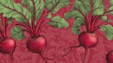 Detailed illustration of three vibrant red beets with lush green leaves against a textured maroon background.
