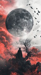 Wall Mural - Surreal Landscape: A Figure in a Cape Contemplates a Crimson Moon