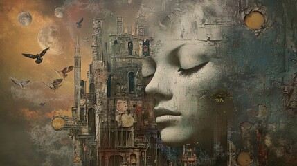 Canvas Print - Serene Dreamscape: A Woman's Face Merges with Ancient Castle Ruins