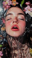 Wall Mural - Submerged Beauty: A Woman's Portrait in Water and Flowers