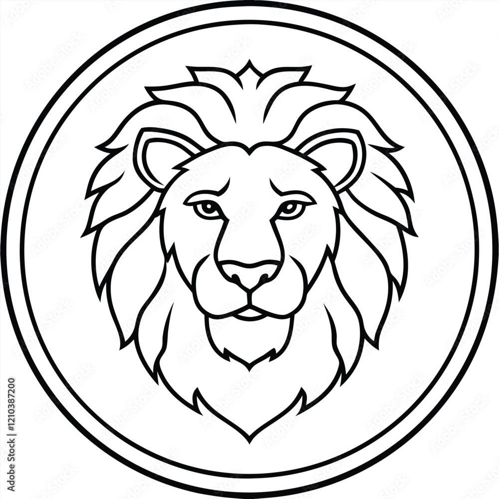Lion Head in Circle Line Art Vector Illustration and Logo Outline ...