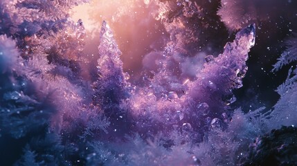 Wall Mural - in the dark forest of magic grow frost christmas tree sparcle in big snow crystal, beads and gems in soft color, frosted light, blooring contours, soft fog, sparcle ice dust, cinematic light,8k 