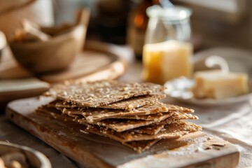 Scandinavian breakfast table with Norwegian brown cheese and crispbread