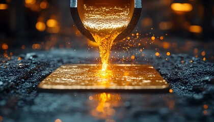 Poster - Molten Gold Pouring from a Crucible into a Molding Tray with Sparks and Bright Glow, Capturing the Essence of Metalworking and Craftsmanship in a Foundry Setting