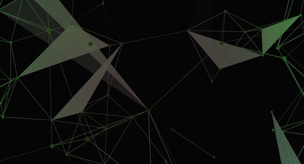 Wall Mural - Abstract network background with geometric shapes and green connections on black backdrop