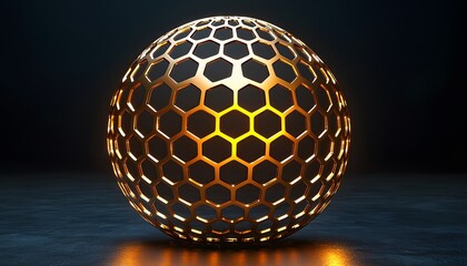 Poster - Elegant Honeycomb Sphere with Illuminated Interior Creating a Stunning Visual Effect Against Dark Background in Modern Artistic Design