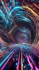 Wall Mural - a vibrant abstract representation of a swirling tunnel filled with glowing lines and bright particle