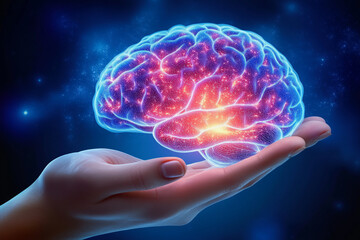 Wall Mural - hand holding a brain with a blue and red glow. the brain is surrounded by a blue and red aura