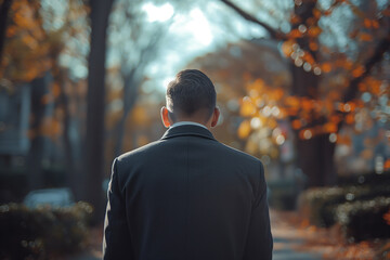 A man in a suit is standing in a park with trees in the background