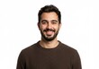 © Pixelpulse Creative  - A smiling man with dark hair and a trimmed beard, wearing a brown sweater, standing casually, isolated on a white background