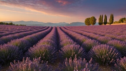 Wall Mural - lavender fields stretch under a colorful sunset in provence, france, showcasing nature’s beauty and 