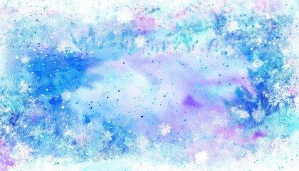 Poster - ethereal watercolor winter background with abstract blue and purple hues, snowflakes, and delicate texture for seasonal designs
