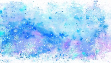 Poster - ethereal watercolor winter background with abstract blue and purple hues, snowflakes, and delicate texture for seasonal designs