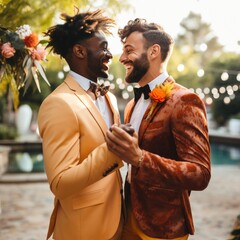 Wall Mural - Gay couple newlywed dancing together outdoors wedding adult