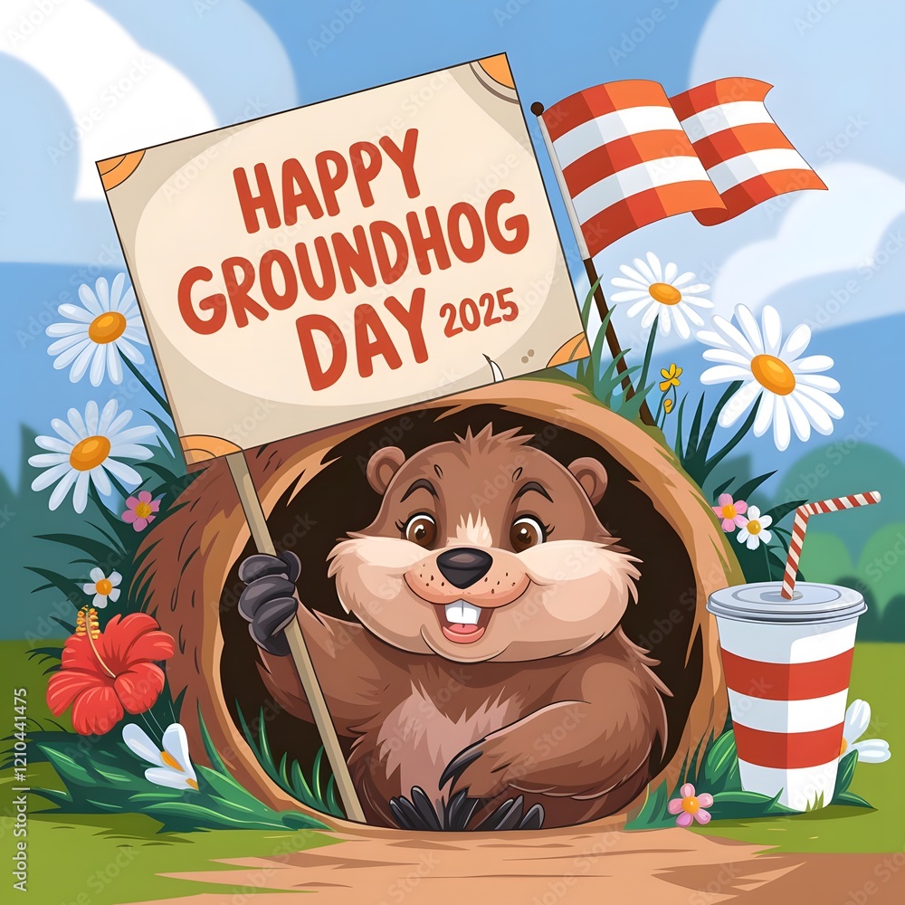 Cute groundhog popping from the burrow, Groundhog Day 2025 celebration