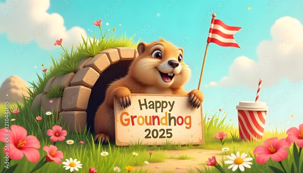 Cute groundhog popping from the burrow, Groundhog Day 2025 celebration