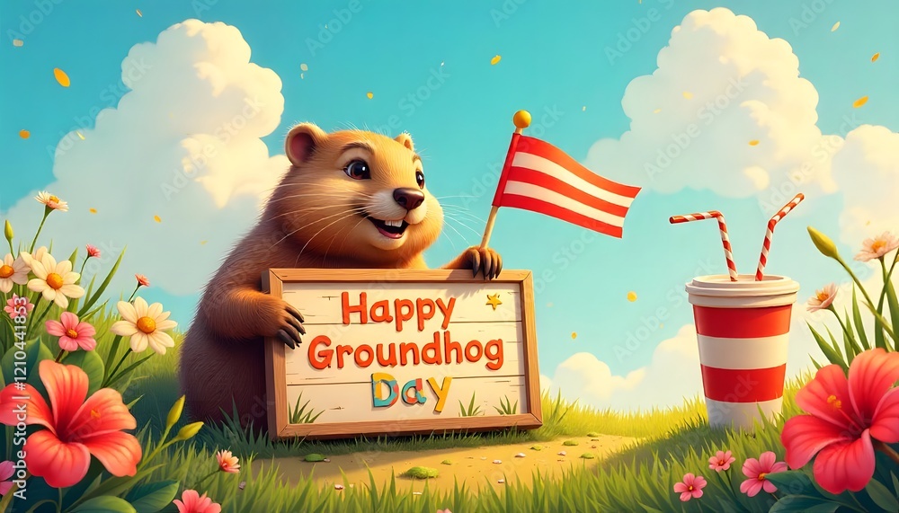 Cute groundhog popping from the burrow, Groundhog Day 2025 celebration